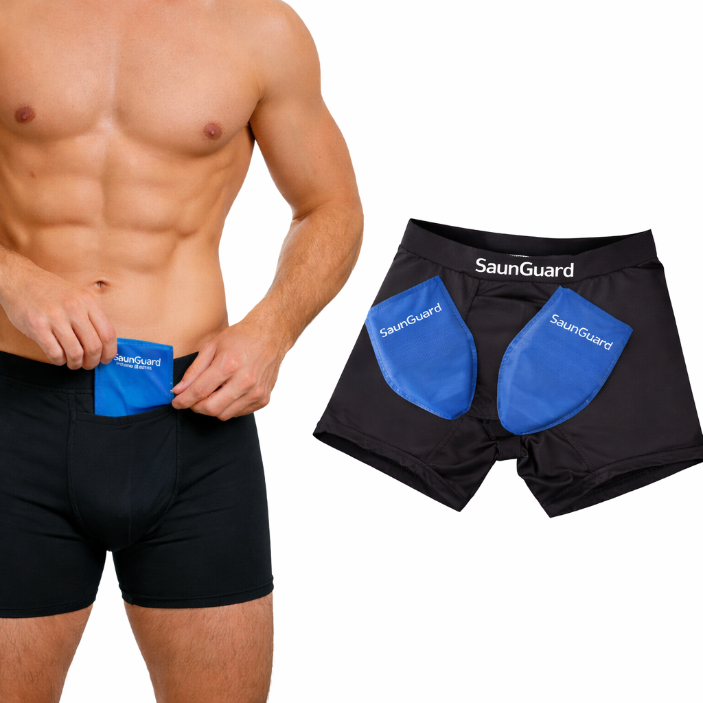 Black underwear with blue icepack on a white background, featuring the 'SaunGuard' brand.