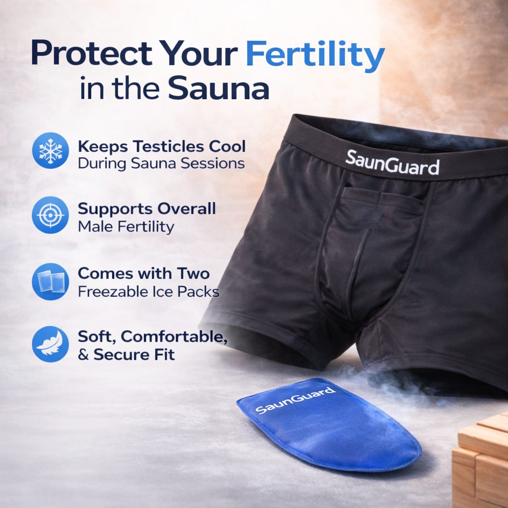 Black SaunGuard underwear with blue ice pack on a sauna background